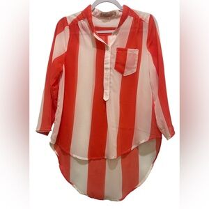 Penelope Medium v-neck 1/2 capped sleeve striped white & salmon high low tunic